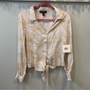 Ellen Tracy Long Sleeved Button Up Front Tie Tan Leaf Print Linen Shirt Sz S NWT